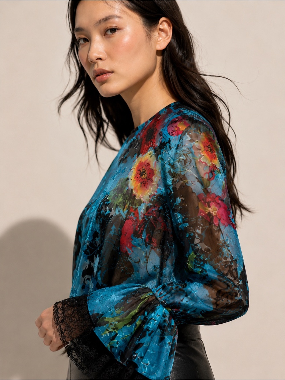 NWT Preen Thornton Bregazzi Lissie Blue Painted Flower Silk Blend Burnout Top, S